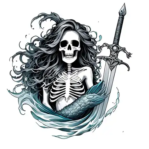 Mermaid Skeleton With Sword Piercing Wave