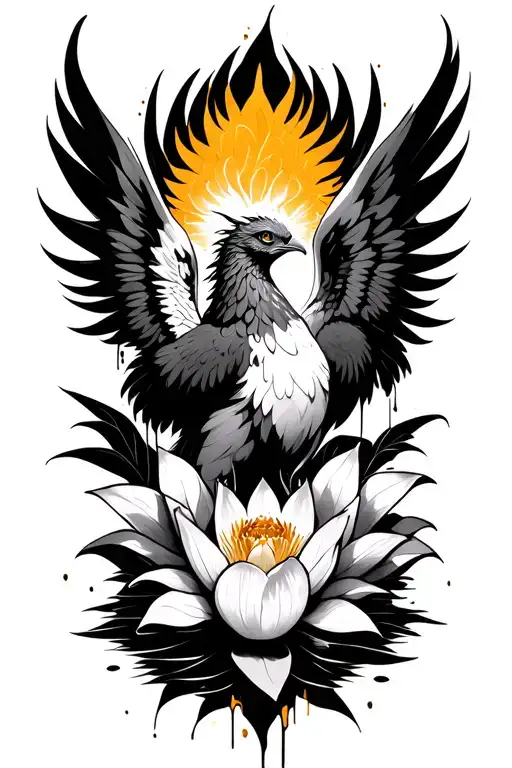 Phoenix With Its Wings Folded While Looking Down With A Lotus Flower Between Its Wings Dripping Gold