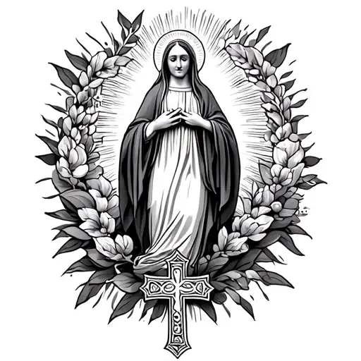 Make Multiple Tattoo Designs Of The Blessed Mother Statue With The Jerusalem Cross At The Bottom