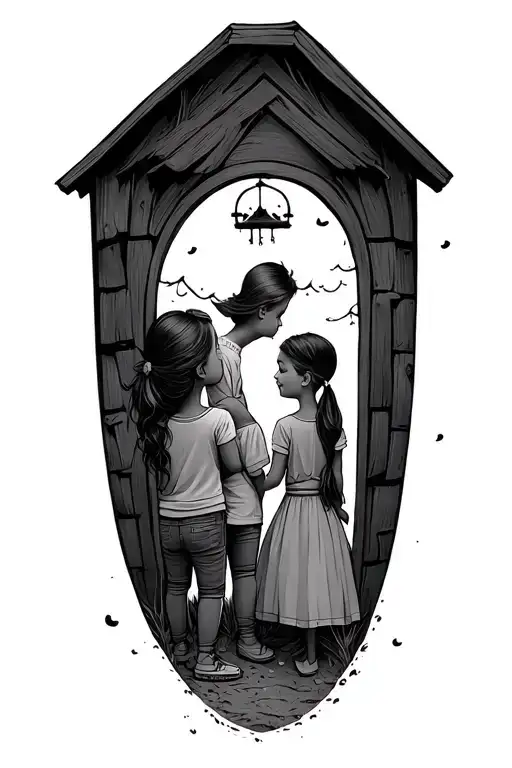 Two Girls And A Boy On A Small Simple House