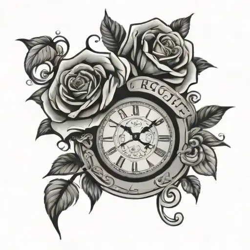 Reggie Name With Clock Surrounded And Rose Intertwined Half Sleeve