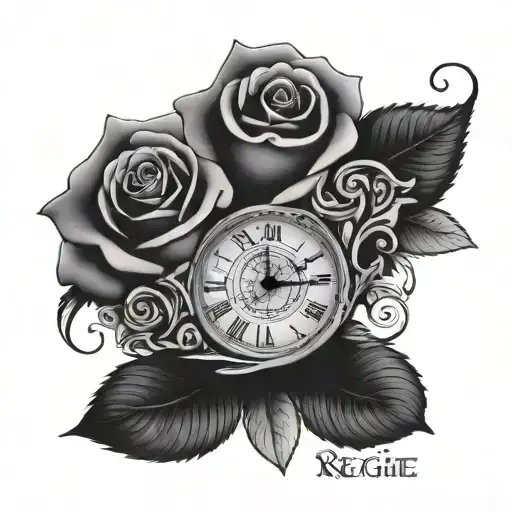 Reggie Name With Clock Surrounded And Rose Half Sleeve Long Horizontal