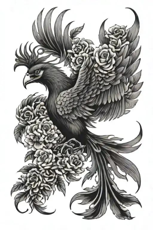 Japanese Phoenix Rising From The Ashes With Flower For Shoulder