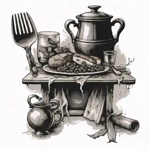 A Detailed Black And Grey Tattoo Of A Gourmet Meal Set In A Rustic Countryside Setting
