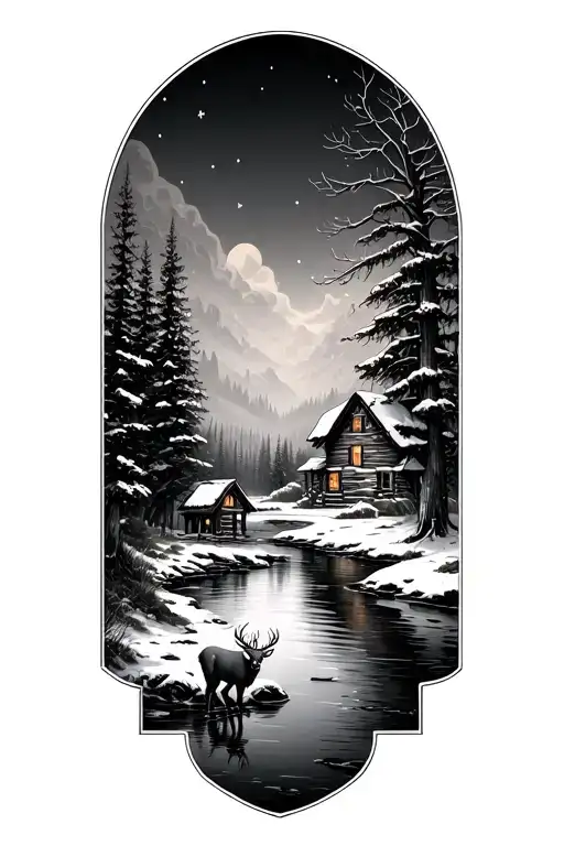 Deer And River And Woods And Cabin Covered In Snow