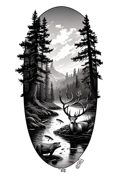 Deer And River With Fish In The Woods