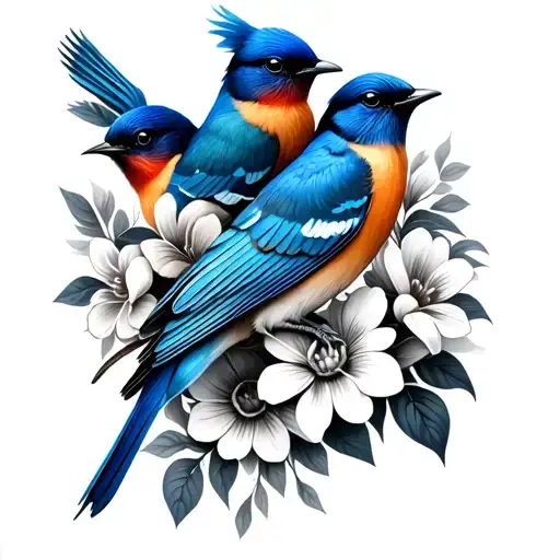 Three Bluebirds With Flowers