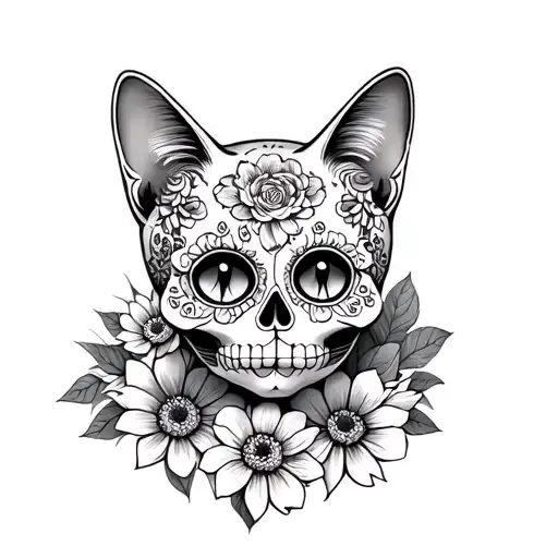 Sugar Skull Cat Head Wirh Flowers Underneath