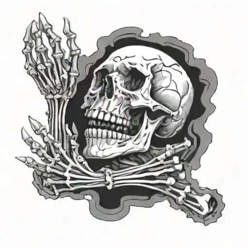 Black And White Tattoo Design Headless Skeleton Sitting Down Skull In Hands