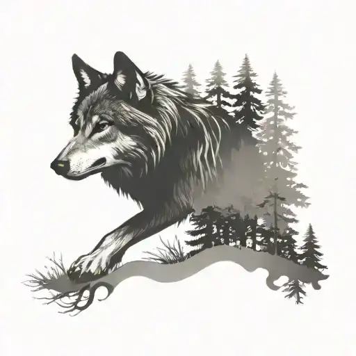 Wolf In A Forest With A Silhouette