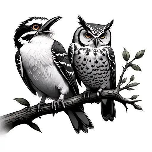 Kookaburra And Owl Perched On A Branch
