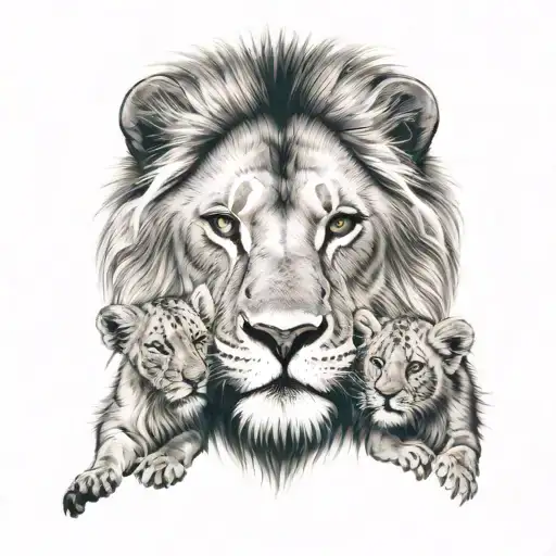 Father Lion With 2 Cubs Face Only