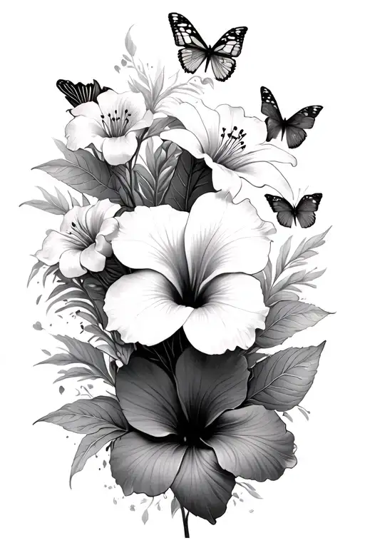 Hibiscus And Lillie's With Butterflies
