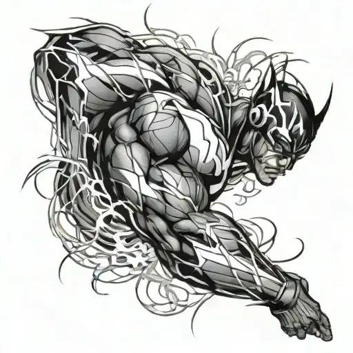 Black Lightning Going Vertically Up Arm Sleeve With Other Patch Work