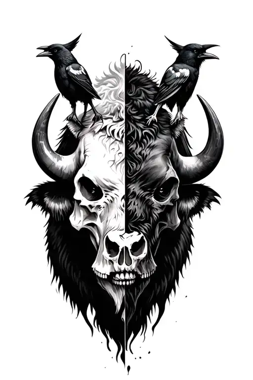 Bison Half Alive Half Skull With 2 Crows On His Horns