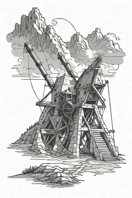 Trebuchet Firing At Castle Overlooking Mountains