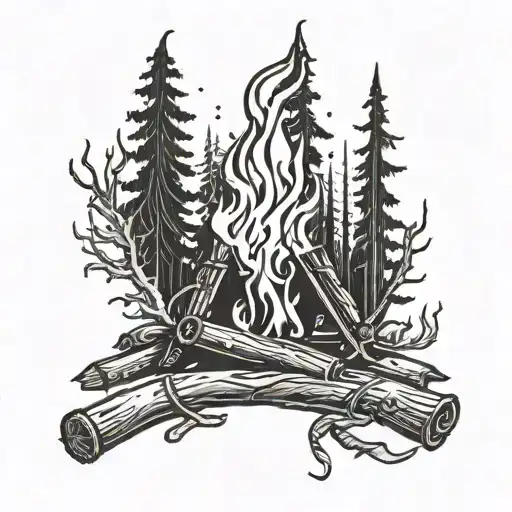 A Black-grey Tattoo Of A Campfire With Welding Flames And Family Initials Carved Into The Wood