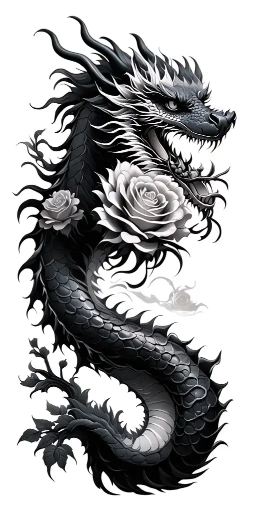 Japanese Dragon Very Detailed With Roses