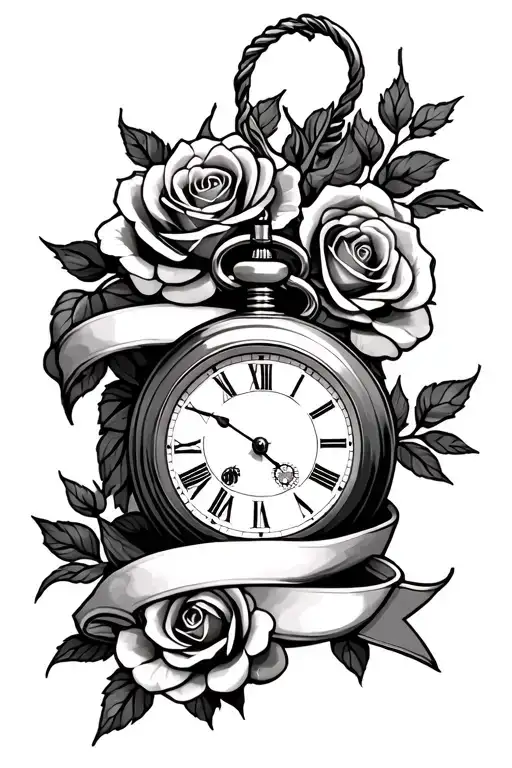 Pocket Watch And Roses With Banner Wrapped