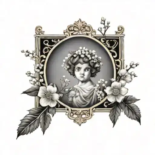 Vintage Frame With Roman Numerals Inside With Baby's Breath Flowers