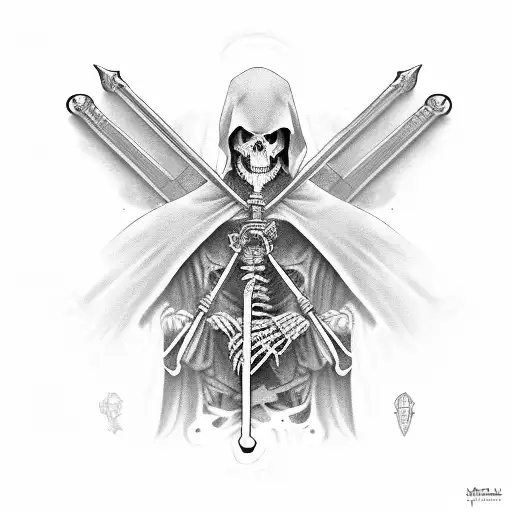Intense And Haunting Skeletal Robed Grim Reaper With Scythe Sword And Hourglass