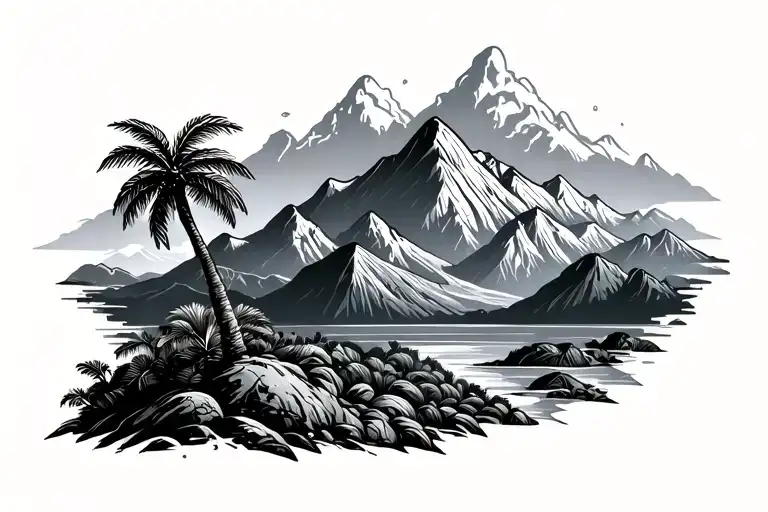 Ocan Landscape Tattoo Featuring Mountains And A Palm Tree