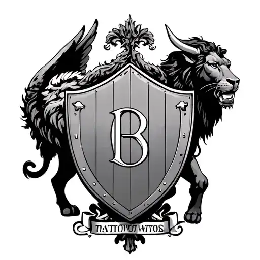 Shield With Initials With Wings Sustained By A Lion And A Full -Body Bull