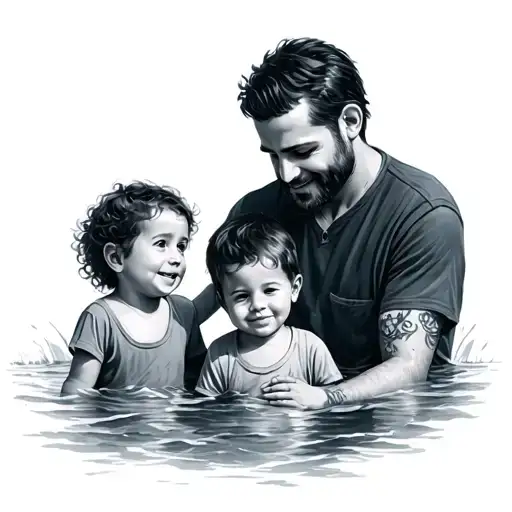 Father With Kids Coastal Scene