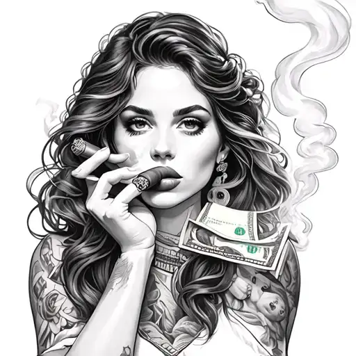The Girl Smokes A Cigar Around Money