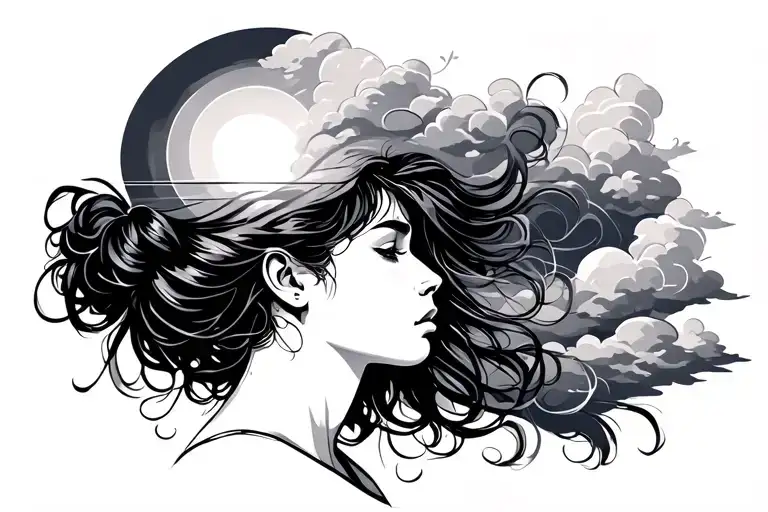 Girl Side Profile In The Clouds And Sun Rise