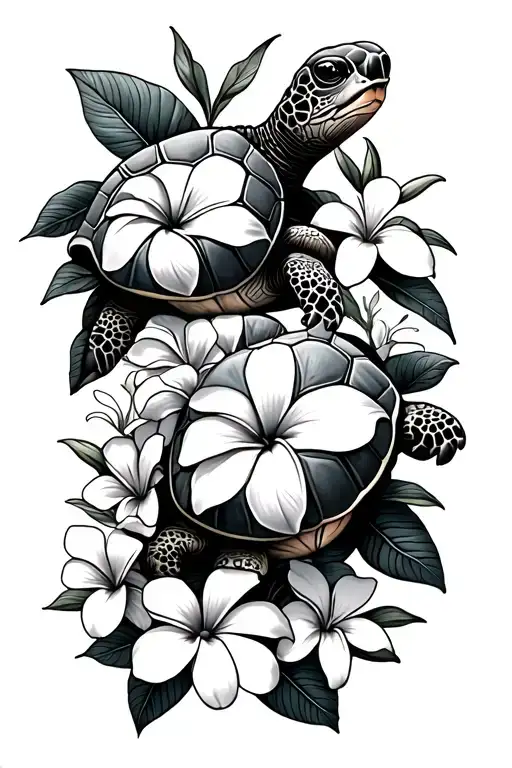 Mama Turtle And Baby Turtle With Plumeria Flowers