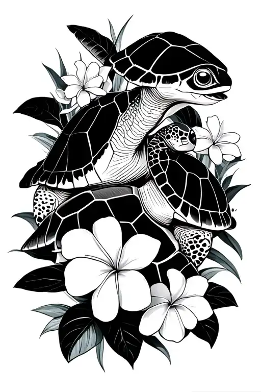 Mama Turtle And Baby Turtle With Plumeria Flowers