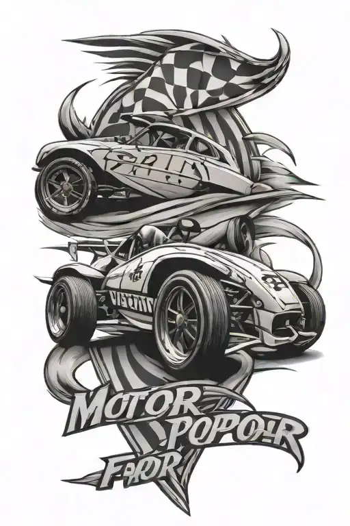 Motorsport Text And Finish Flag In The Back And Racecar