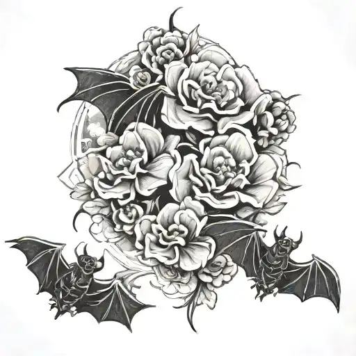 In Black And Grey Japanese Style Create Flowers With Bats Flying