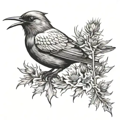 Tui And Scottish Thistle Flower