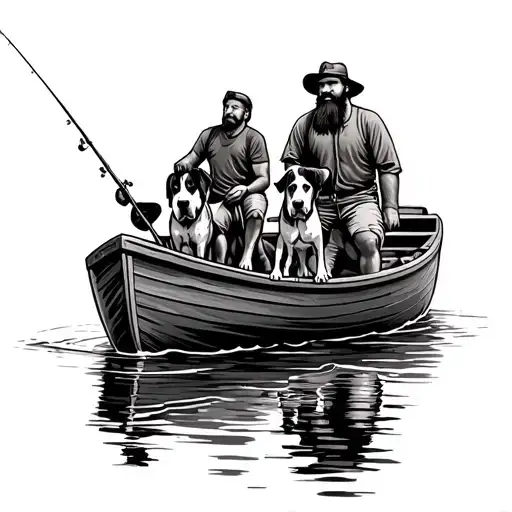 A Bearded Man Fishing In A Lund Boat With Two Sons And A German Shorthair Pointer