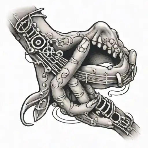 Hand Holding Throat Tattoo Featuring Musical Notes