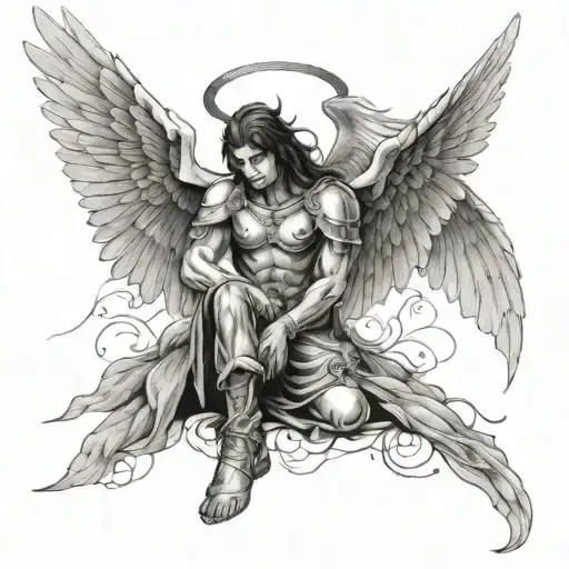 Sitting Warrior Angel With Head Bowed And Wings Coming Up