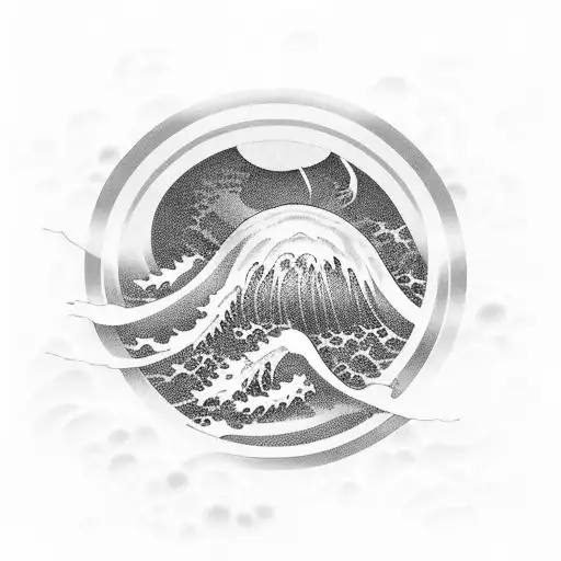 Japanese Rising Sun With Waves Crashing Underneath