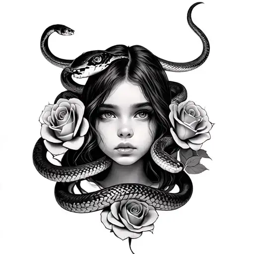 Girl Looking Forward With 2 Snakes Wrapped Tightly And 4 Roses