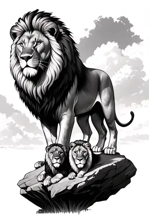 Male Lion Stand On Rock Over Looking 2 Female Lions