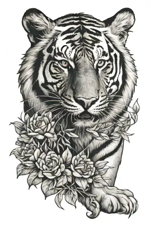 Tiger Walking Down With Flowers Surrounding