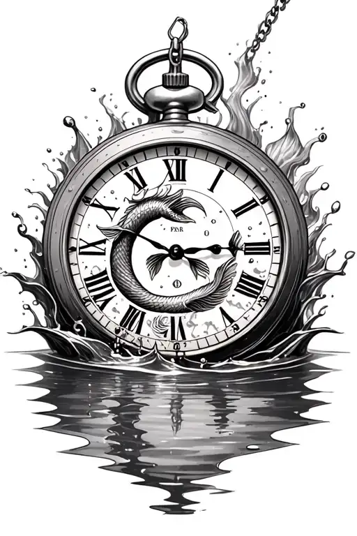 Pocket Watch Surrounded By Water With Pisces Symbol