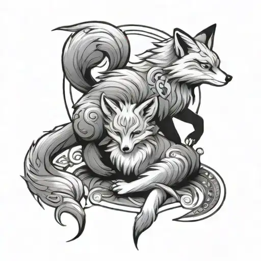 9 Tailed Fox With Son Sitting