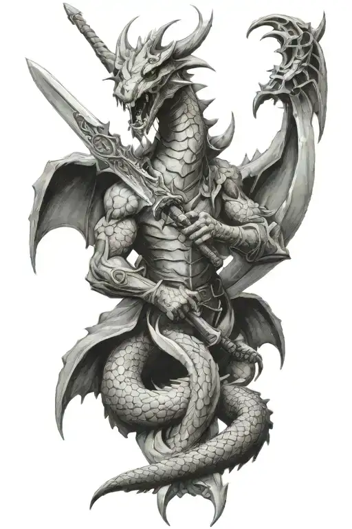 Dragon And Warrior Wielding A Sword