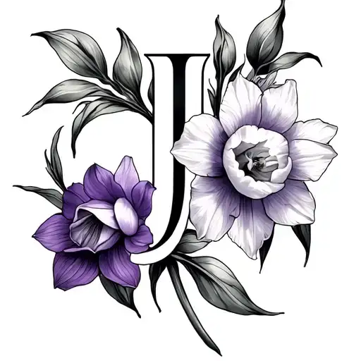 Feminine Violet And Narcissus Forming A Cross With A Capital Cursive J Incorporated