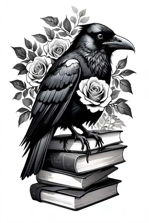 Raven On Stack Of Books With Roses