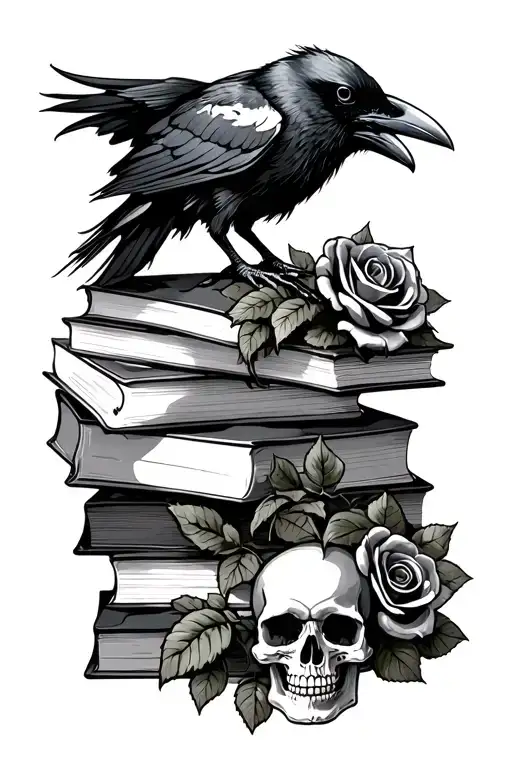 Raven On Stack Of Books With Skull And Roses