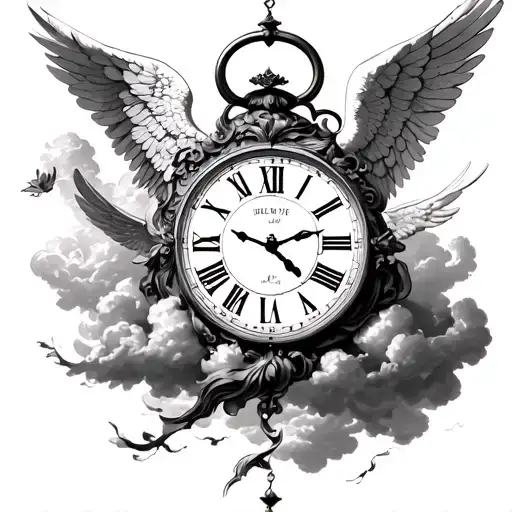 Clock Set 10Am And Angels And Clouds Around With July 26 In Roman Numbers