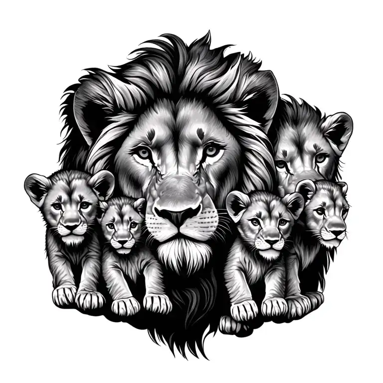 Old Lion Protecting Four Cubs